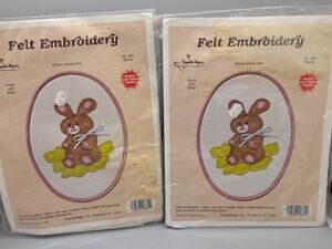Vintage LOT of 2 Needle Magic Felt Embroidery Bunny Art 851 with Frames